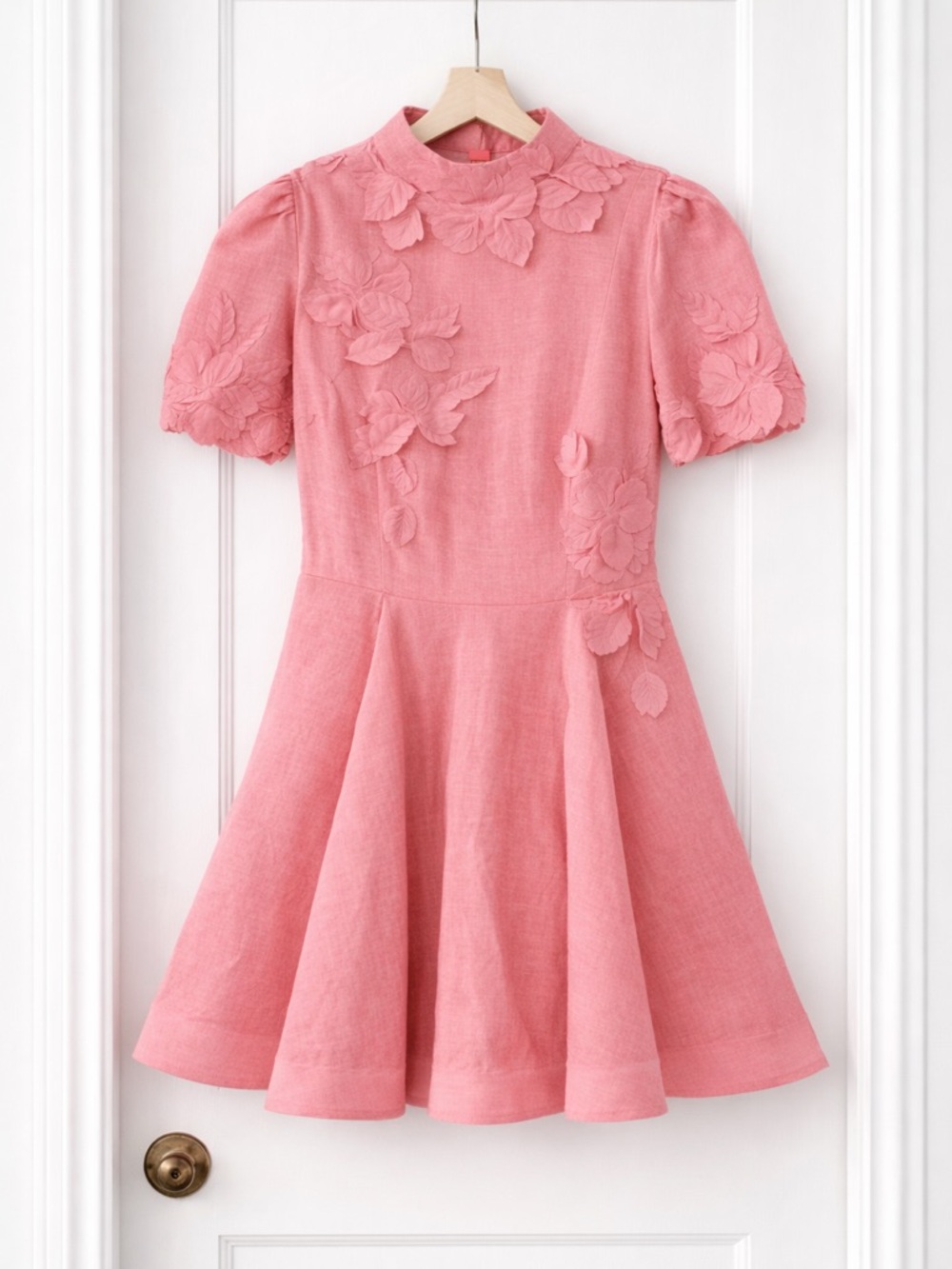 Antonio Melani Floral Linen Appliqué Puff Sleeve Mini Dress Salnon Pink NWT 8